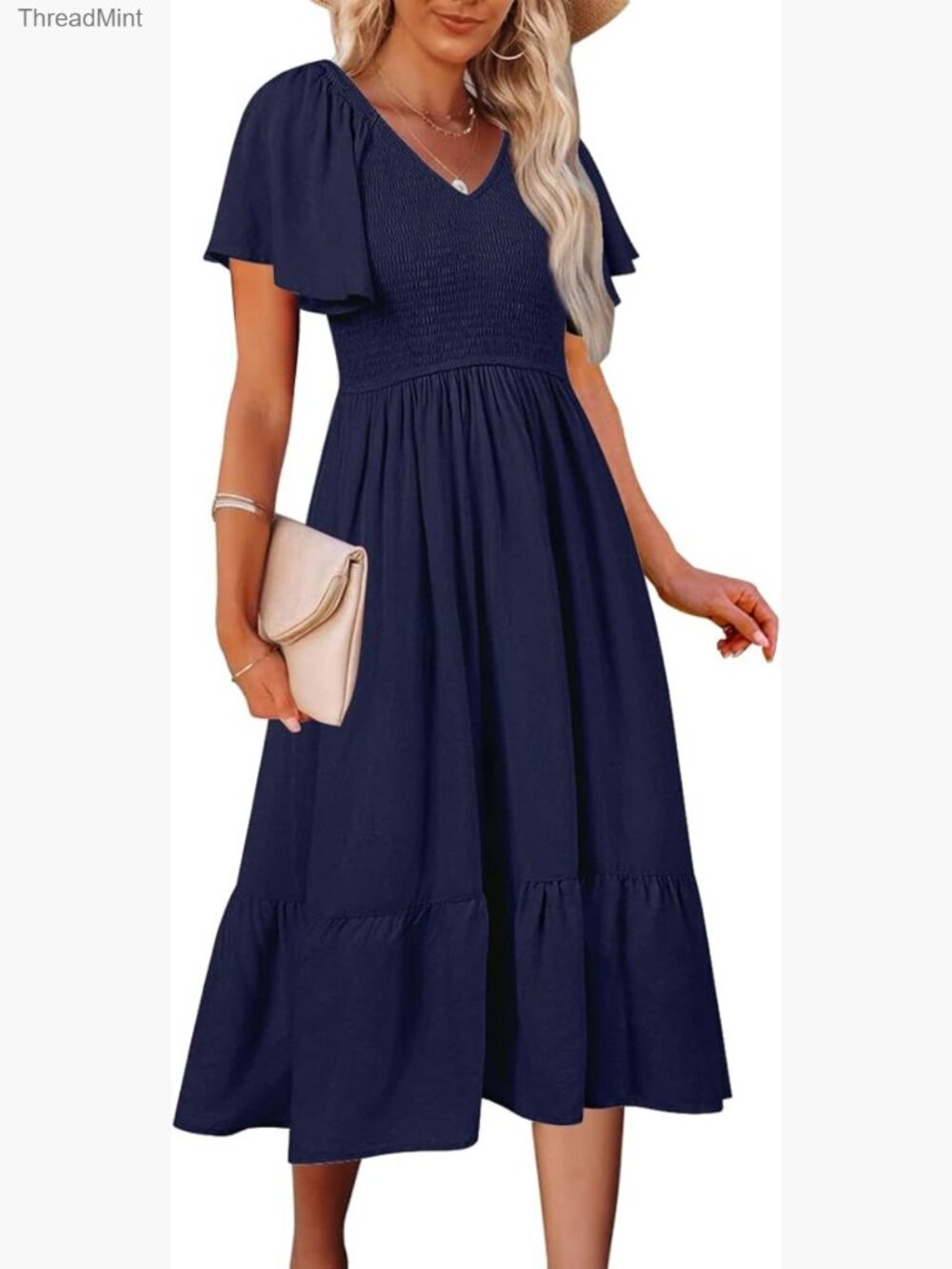 Summer Midi Dress with Pockets, V-Neck, Ruffle Sleeves, Smocked Waist